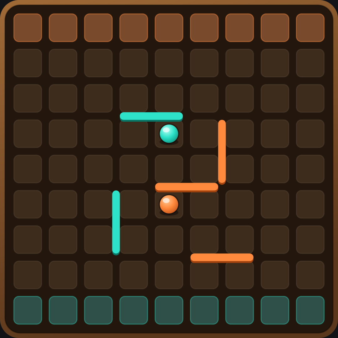 A WallRush game in progress: an amber and a teal pawn race across a 9×9 board while amber and teal walls force them into detours.